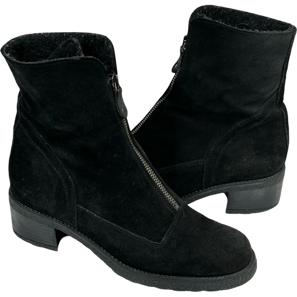 Aquatalia Shoes - Aquatalia Black Suede Leather Zip Up Block Heel Waterproof Ankle Boots Size 8